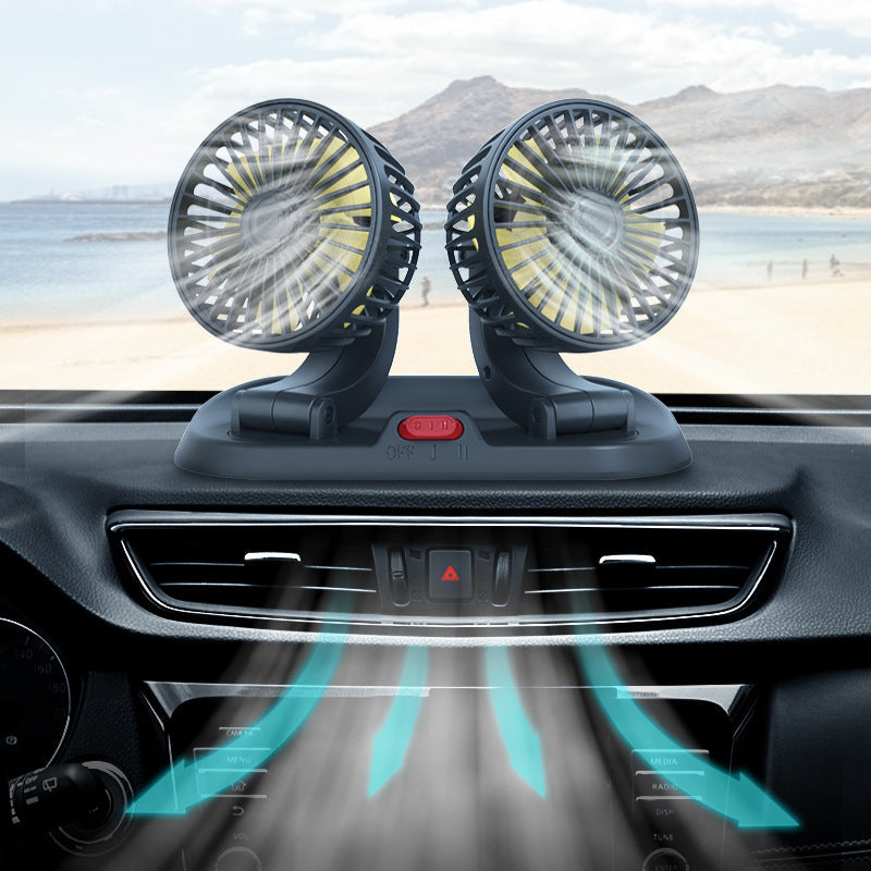 車用ダブルファン|12V・24V対応 静音 小型USB・シガーソケット給電式 携帯型冷風ファン|トラック・SUV・乗用車・旅行用