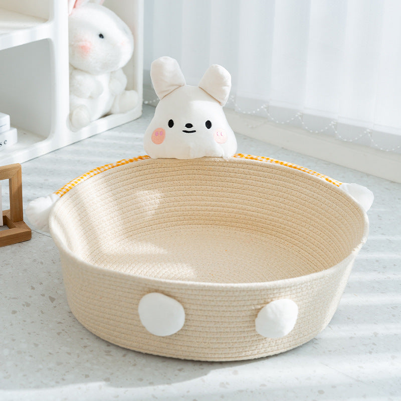 春夏用かわいいペット用ベア抱っこベッド|綿ロープ編み・通年対応・犬猫兼用