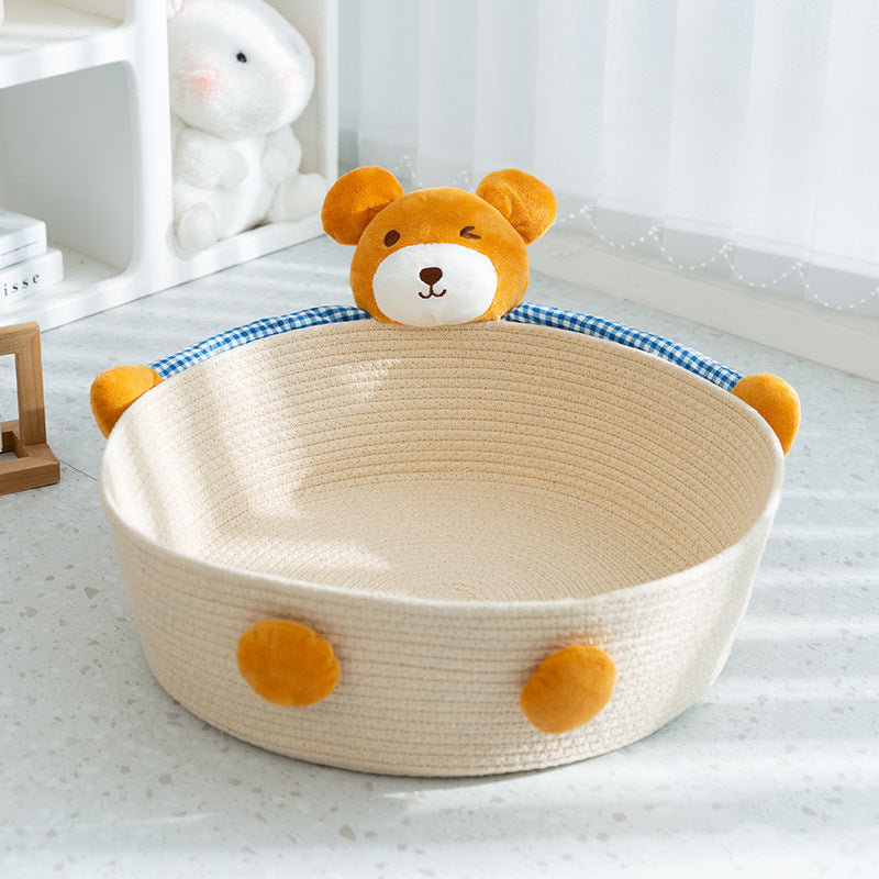 春夏用かわいいペット用ベア抱っこベッド|綿ロープ編み・通年対応・犬猫兼用