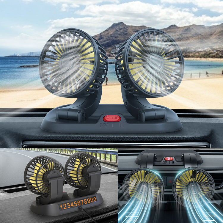 車用ダブルファン|12V・24V対応 静音 小型USB・シガーソケット給電式 携帯型冷風ファン|トラック・SUV・乗用車・旅行用