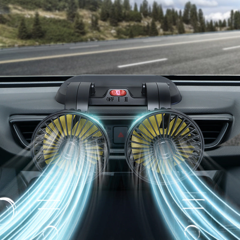 車用ダブルファン|12V・24V対応 静音 小型USB・シガーソケット給電式 携帯型冷風ファン|トラック・SUV・乗用車・旅行用