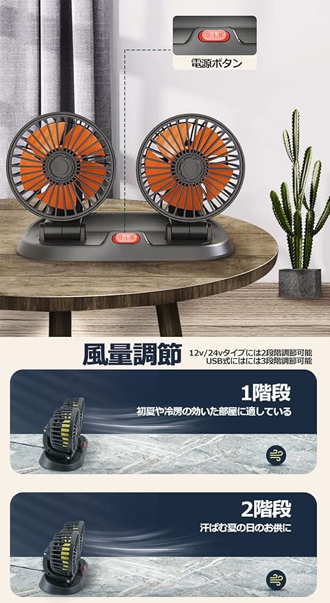 車用ダブルファン|12V・24V対応 静音 小型USB・シガーソケット給電式 携帯型冷風ファン|トラック・SUV・乗用車・旅行用
